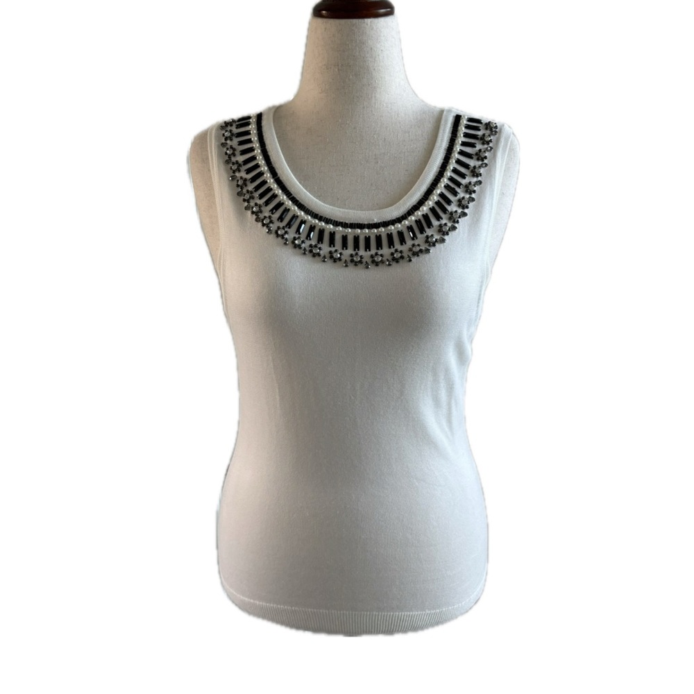 White House Black Market- Embellished White Sleeveless Sweater Top-Medium